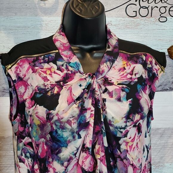 Worthington Sz M Purple Watercolor Floral Print Sleeveless Blouse Shell Career - Picture 2 of 9